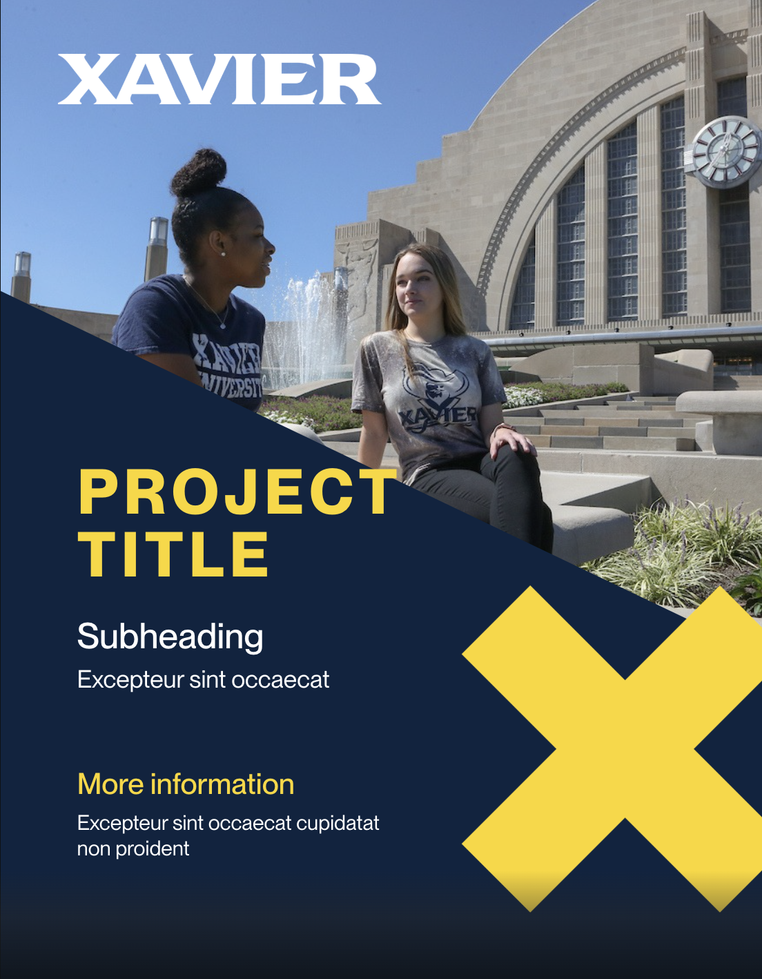 Flyer template F with a large image as the background and a blue triangle across the bottom half for text