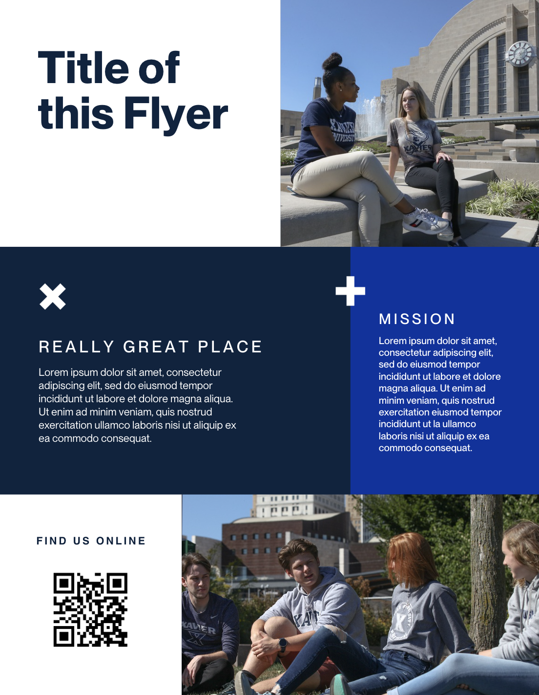 Flyer template G with images on top and bottom of right-hand side with a blue line across center for text