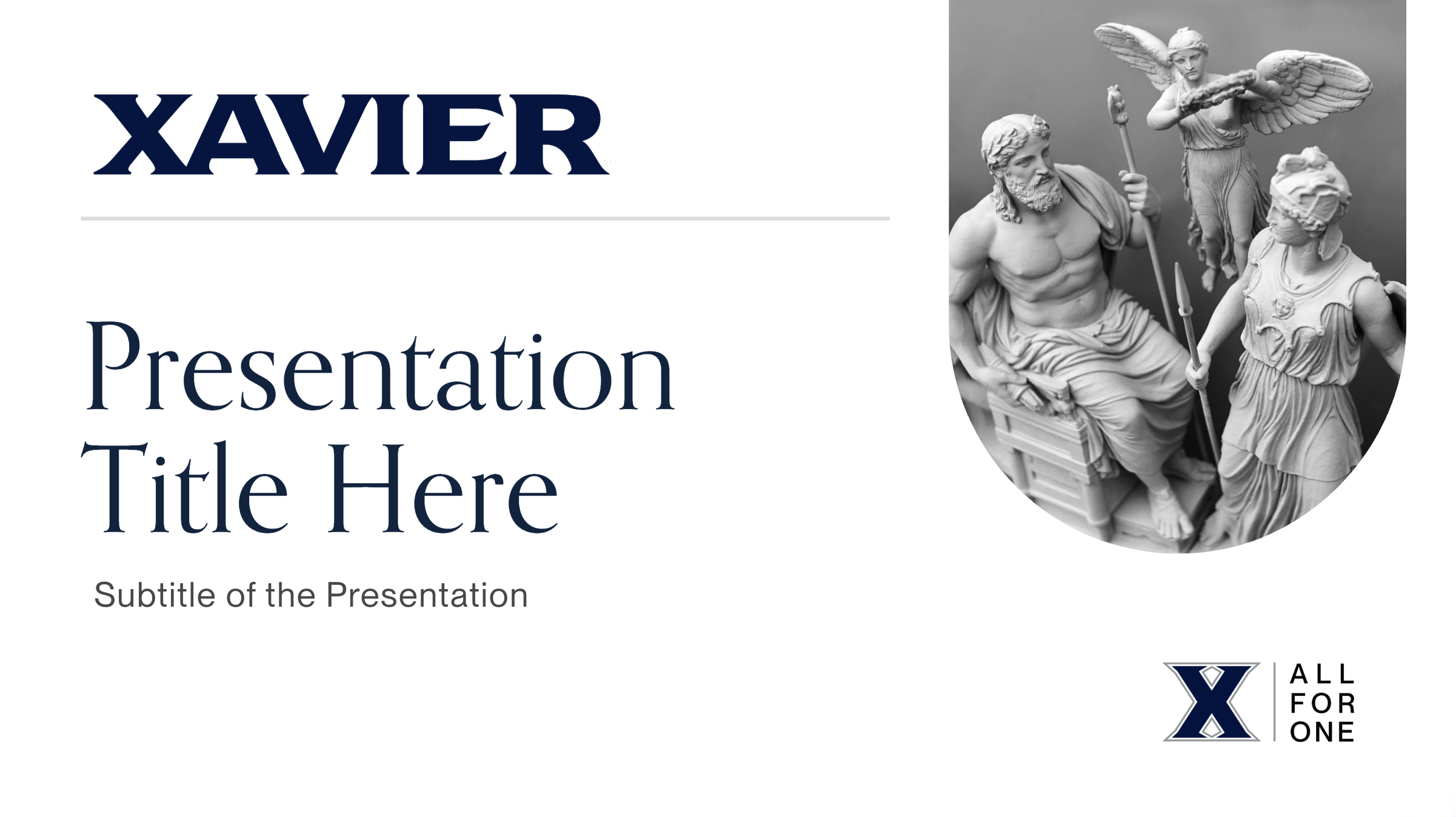 Presentation Slide template C has a white background and Xavier across top left, with image in curved bookmark shape on the top right