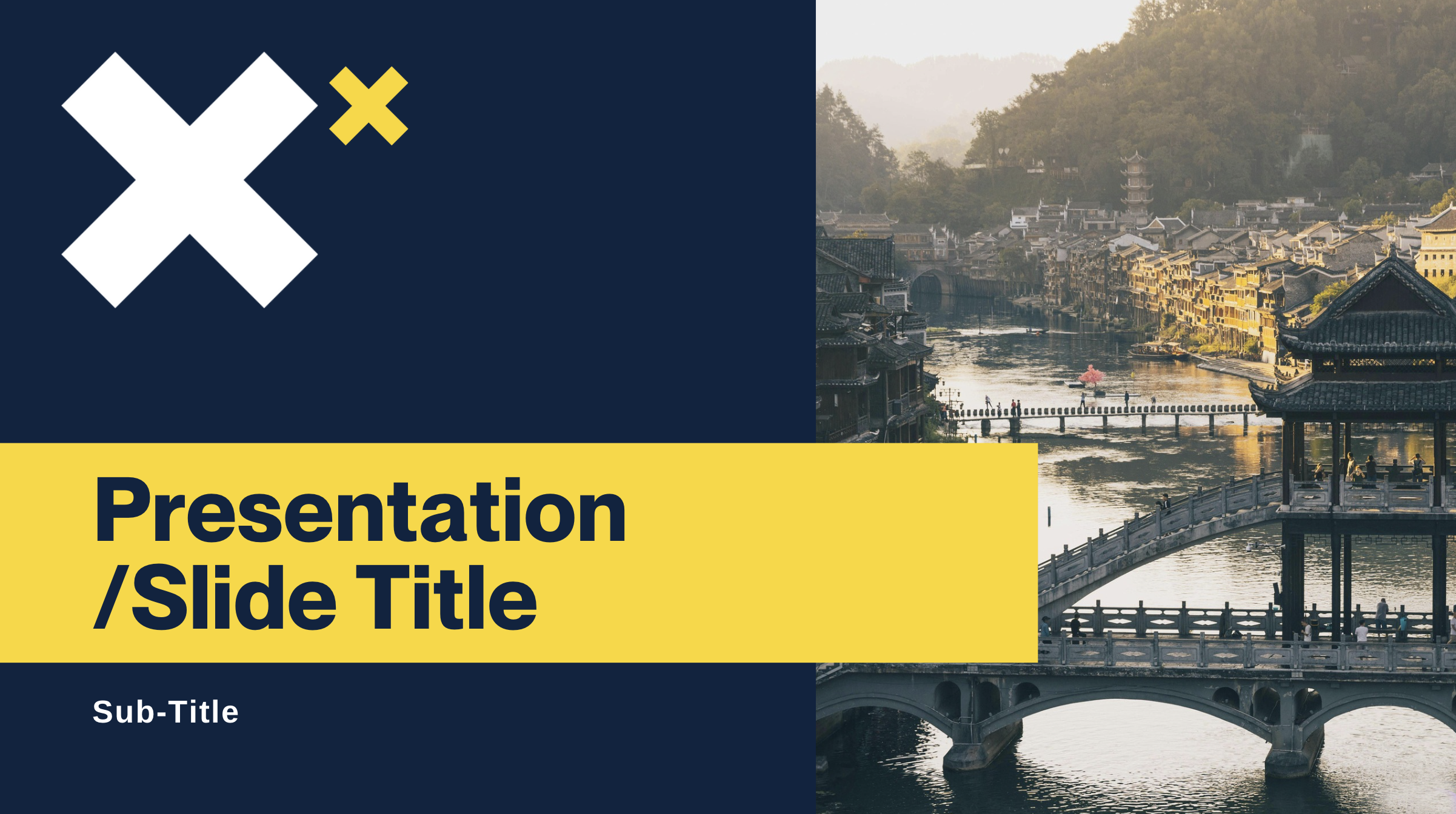 Presentation slide template E with a navy background on left with yellow band across for navy text, as well as picture on right