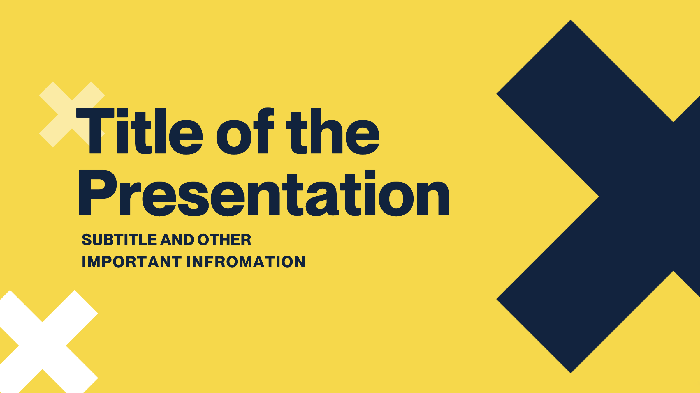 Presentation slide template H with yellow background and navy text towards left side and half a blue X on right side