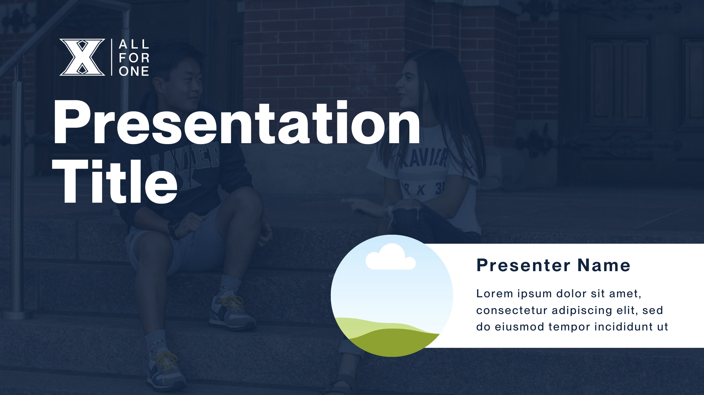 Presentation slide template I with semi-transparent image in back, white text, and room for presenter introduction on bottom right side