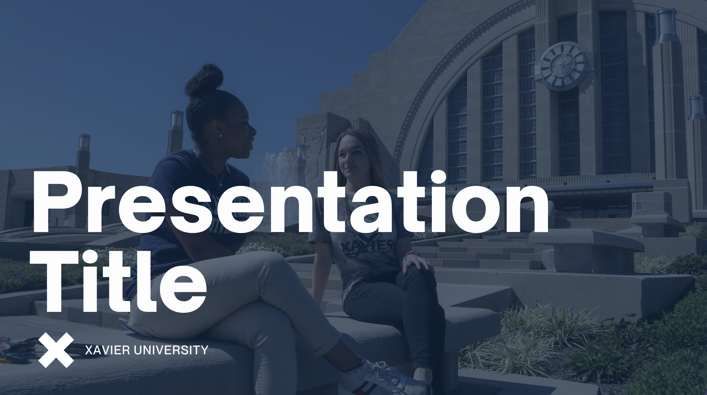 Presentation slide template J with semi-transparent image in background and big white text aligned to the left