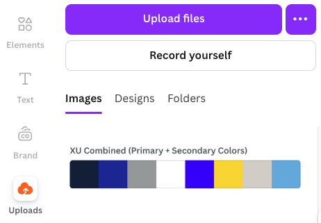 Screenshot of color palate uploaded in Canva. XU Combined (Primary and Secondary colors) showing 8 Xavier colors: Navy, dark blue, grey, white, bright blue, yellow, light grey, and light blue)