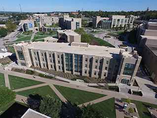 An aerial view of the Alter Hall building on Xavier's campus