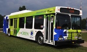 Public Transportation Bus with Green and Dark Blue patterns 