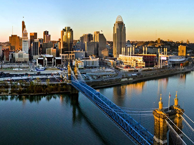 The Roebling Bridge crossed the Ohio River extending into downtown Cincinnati. 