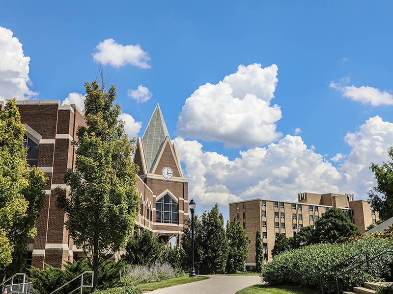 The academic mall on Xavier's campus during a sunny summer day. Visible buildings include: Gallagher Student Center and Kuhlman hall.