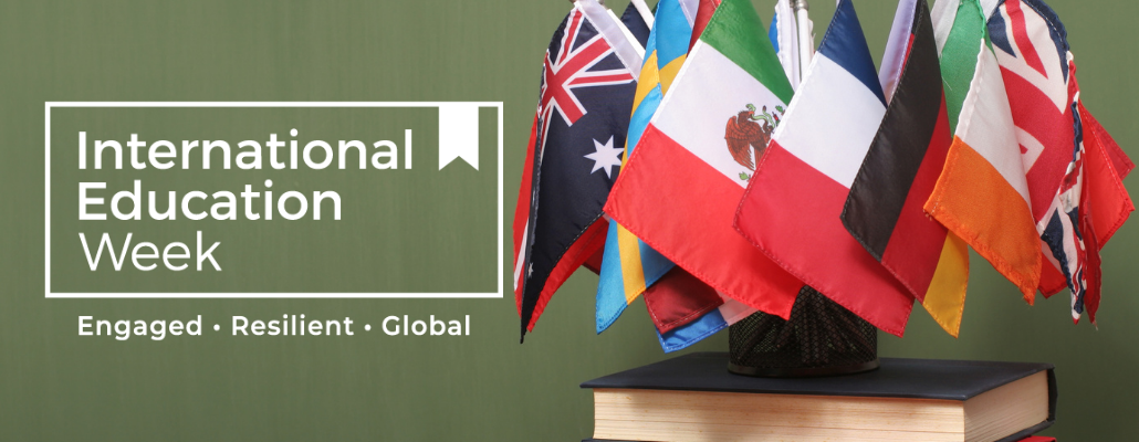 International Education Week decorative poster with flags