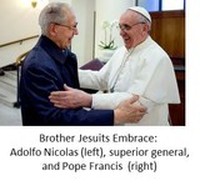 Brother Jesuits embrace, Adolfo Nicolas (left), Superior General and Pope Francis (right)