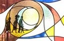 Photo of a colorful segment of stained glass with the silhouette of a family walking together 