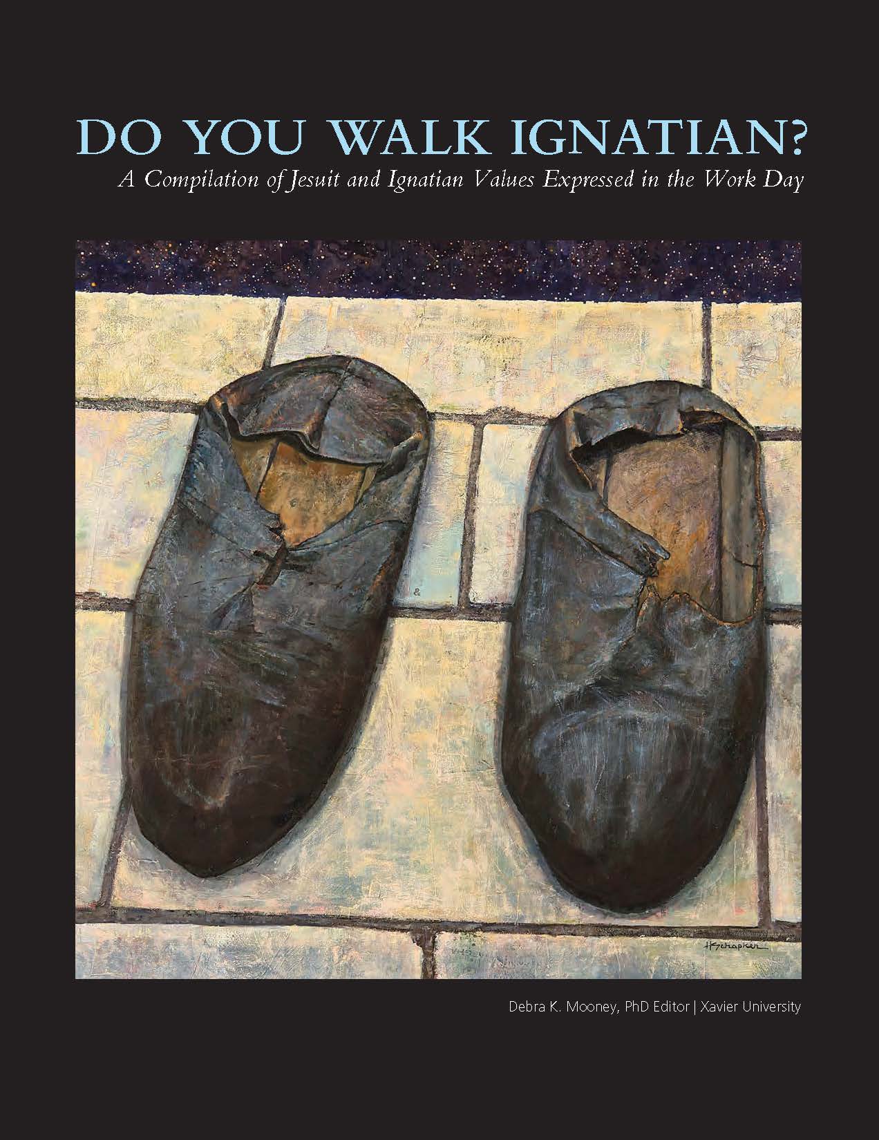 Cover for 'Do You Walk Ignatian?' book. Image shows old brown leather shoes on pavement.