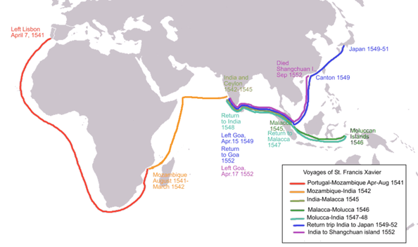 Voyages of St. Francis Xavier map