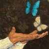 A drawing of hands held palm side up with butterflies