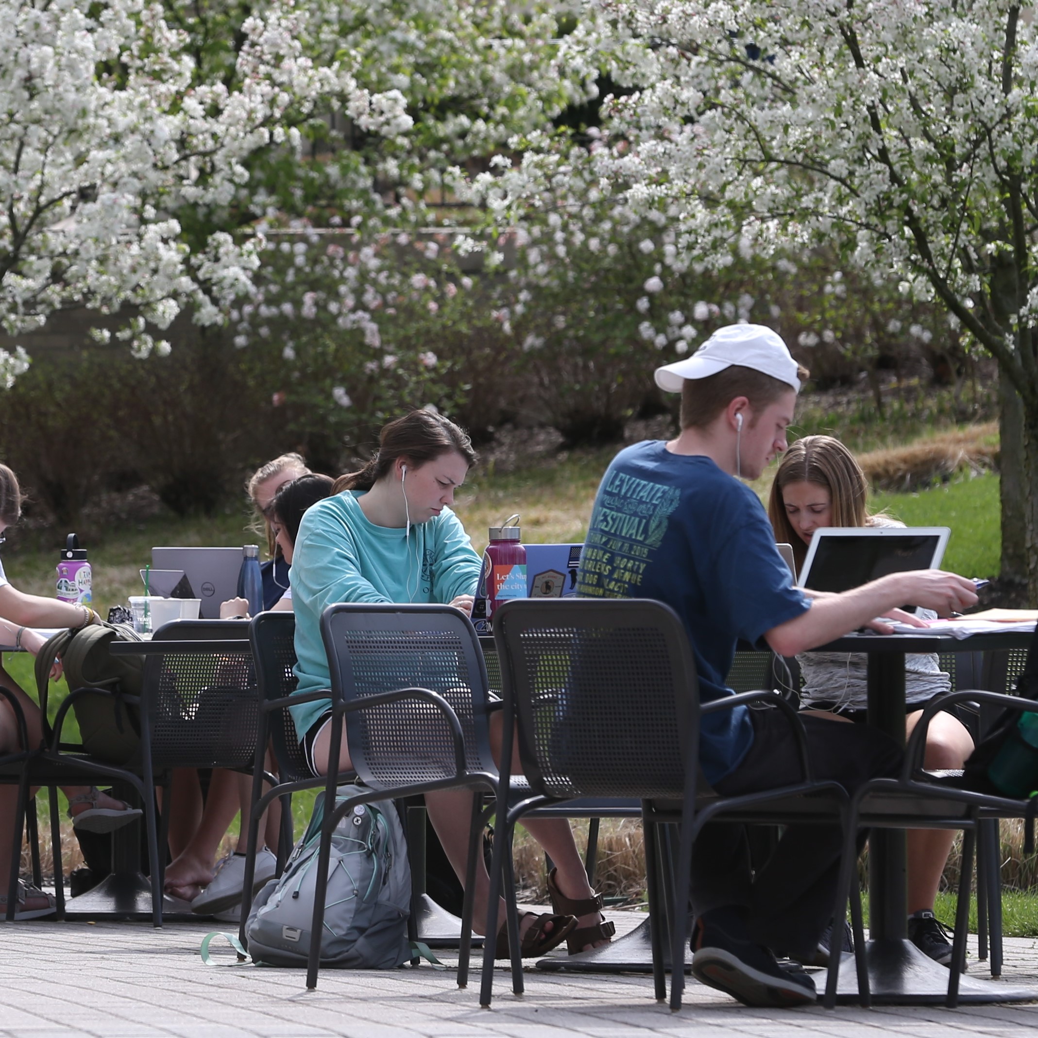 Students studying at tables outside in spring
