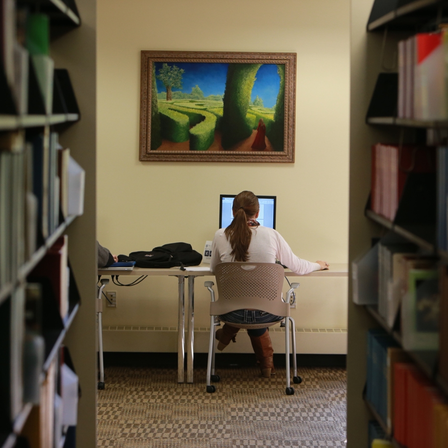 Student studying at desk with computer in a library