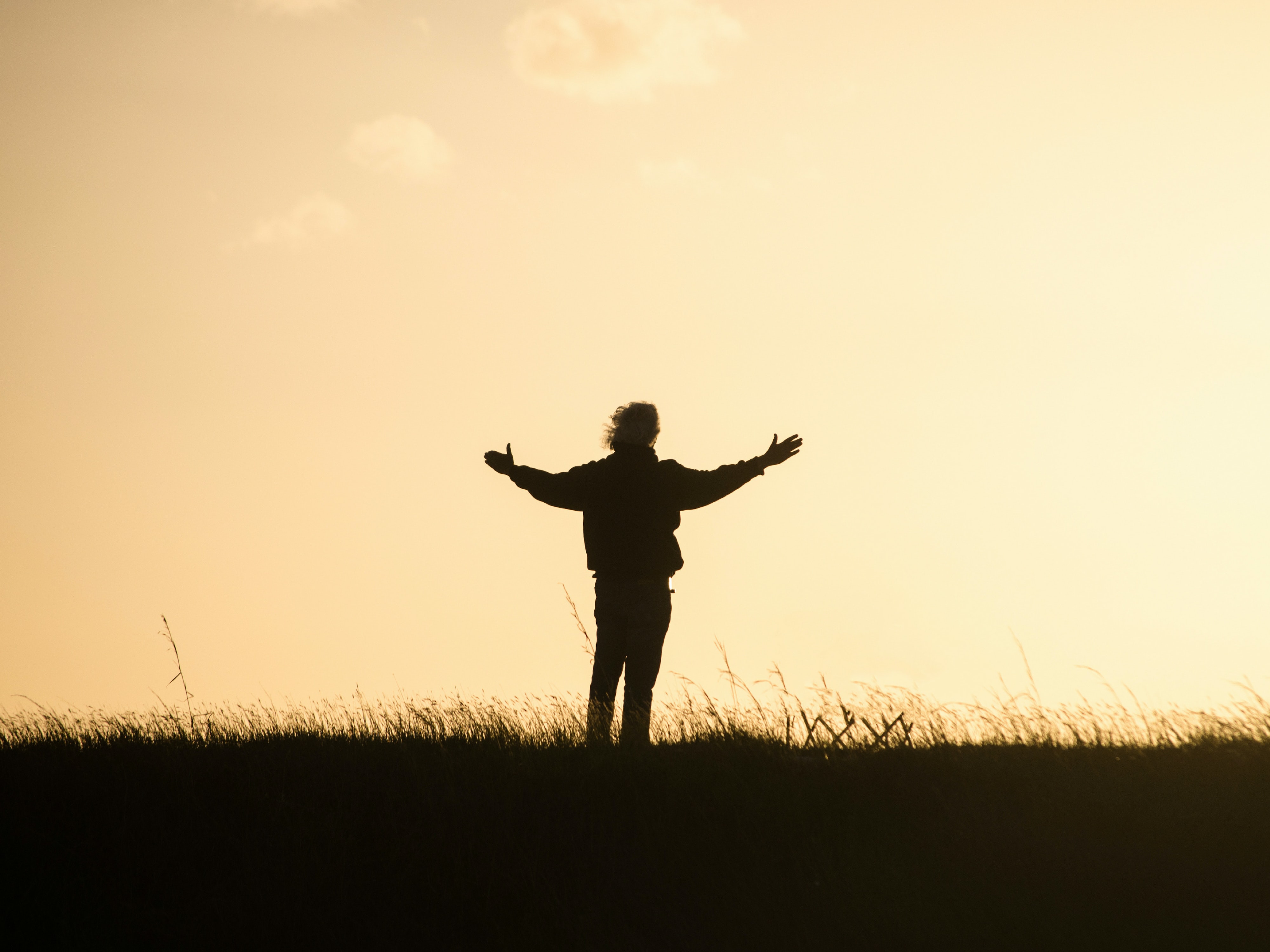 silhouette of a person in a field during sunset, arms outstretched
