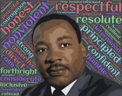 Martin Luther King Jr. in front of a word diagram consisting of words from his speech