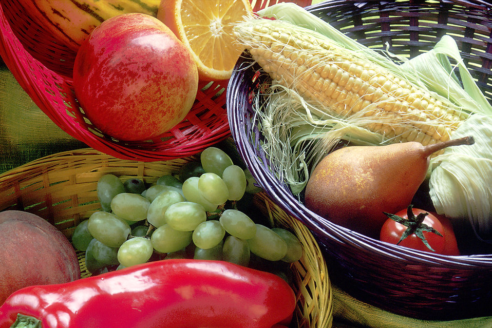 Various fruits in baskets