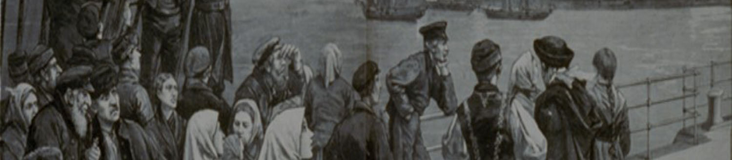 Photo of a black-and-white drawing of migrants and refugees huddled together by the sea