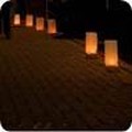 Photo of lanterns with candles inside them lined up along a pathway.