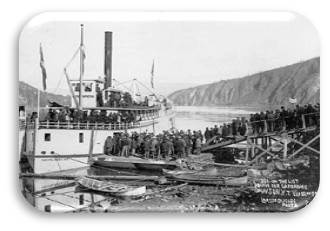 Vintage image of people walking on a boat