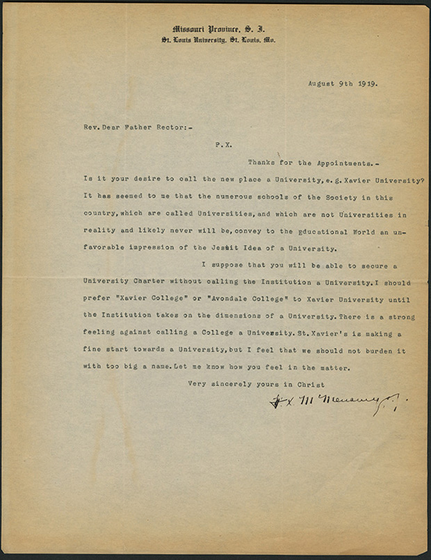 Letter Midwest Province to Xavier 1919