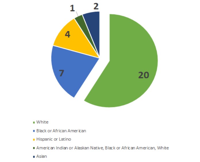 Student Worker Race Diversity: students white = 20, black = 7, Hispanic = 4, American Indian = 1, and Asian = 21