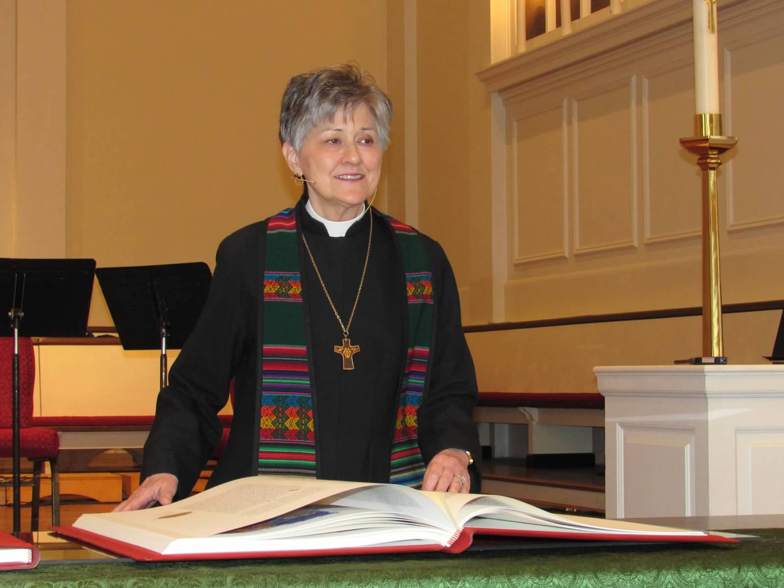 Interim Pastor/Head of Staff Rev. Mary Gene Boteler preaches from Saint Johns Bible