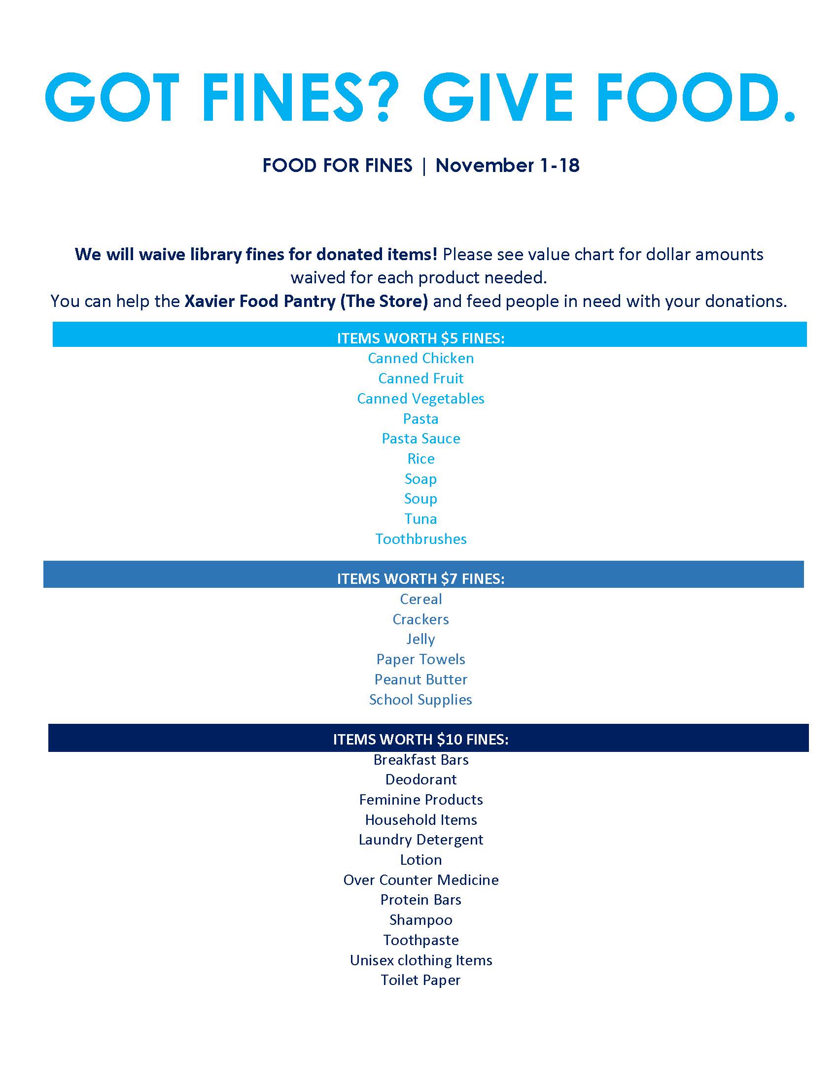 Food For Fines Autumn 2022, call 513-745-4896 for complete values list.