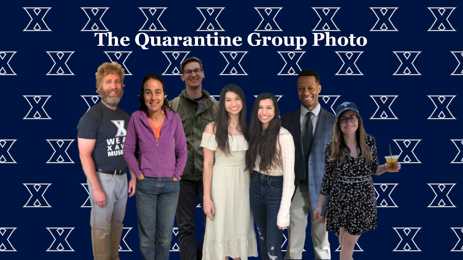 Group of seven people in front of a blue backdrop covered with the Xavier logo