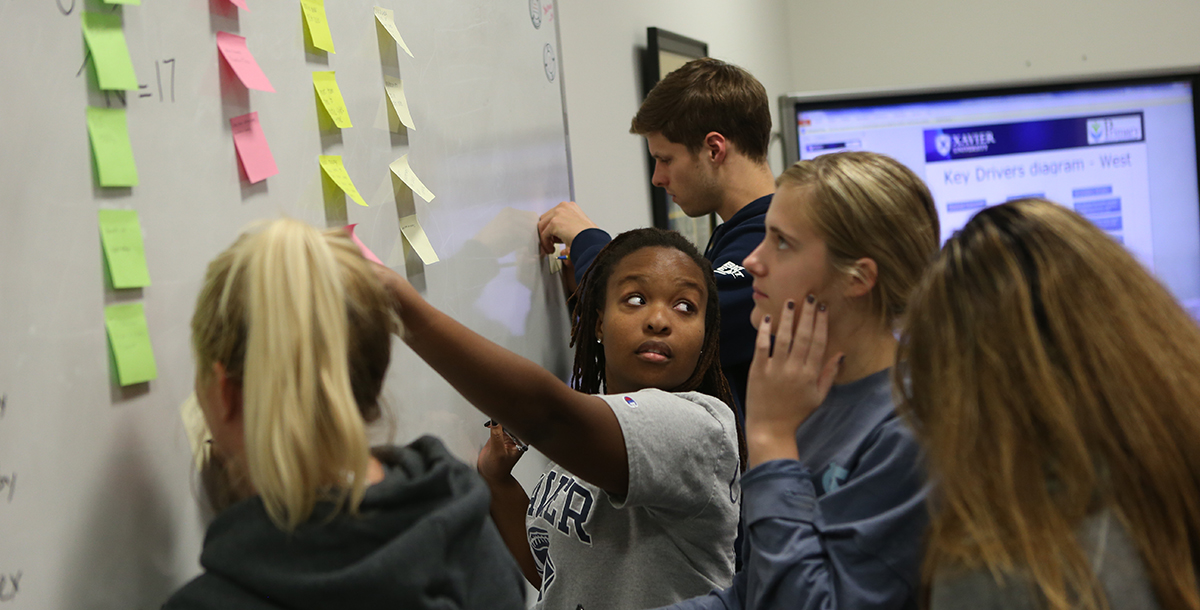 Five students work out a problem on a white board using different colored post-it notes.