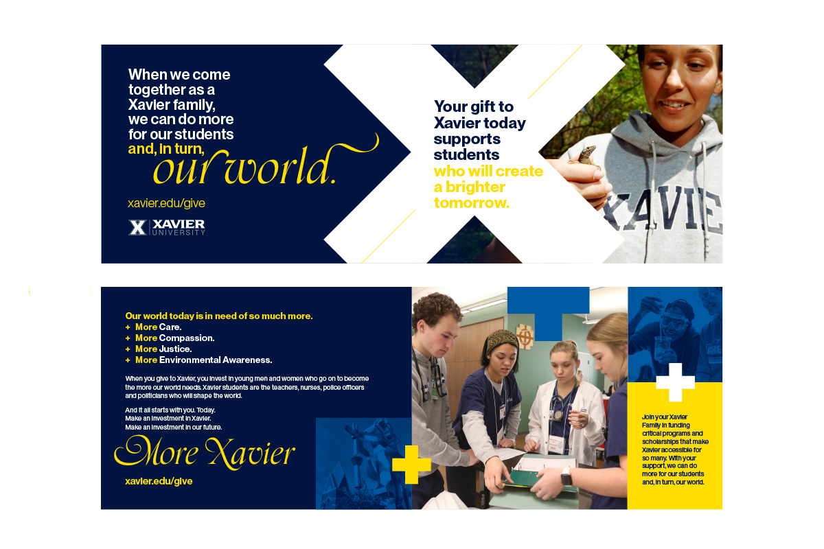 A fall solicitation mailing sent from Xavier University. Headline Text reads: When we come together as a Xavier family, we can do more for our students and, in turn, our world. Image shows a student holding a lizard.