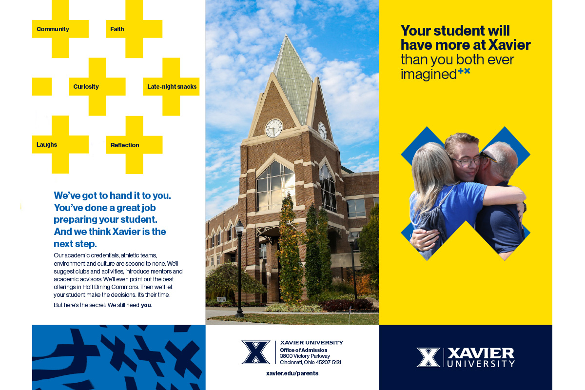 The front cover of a trifold brochure produced for families of Xavier University students. 