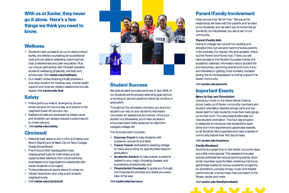 The back cover of a trifold brochure produced for families of Xavier University students. 