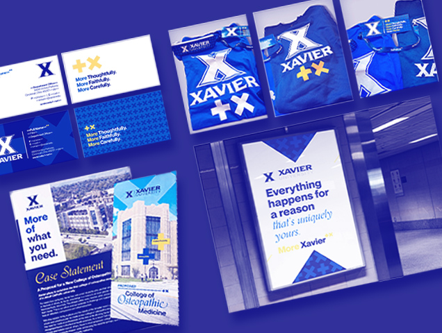 A collage of printed marketing assets created by the Office of Marketing and Communications