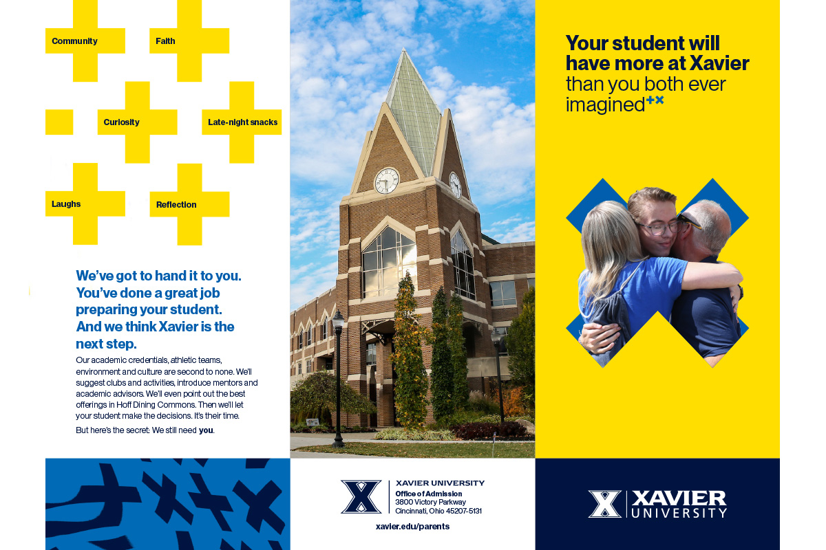 The front cover of a trifold brochure produced for families of Xavier University students.
