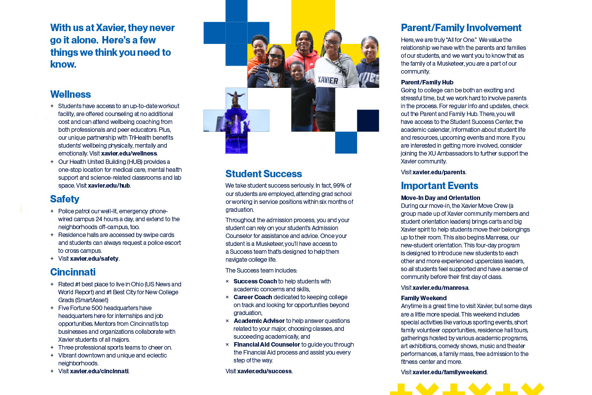 The back cover of a trifold brochure produced for families of Xavier University students.