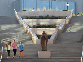 Group of students walking down the Ignatian steps on Xavier's campus