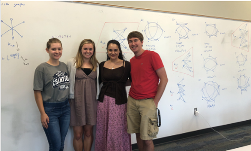 Four students smiling in front of a white board with writing on it