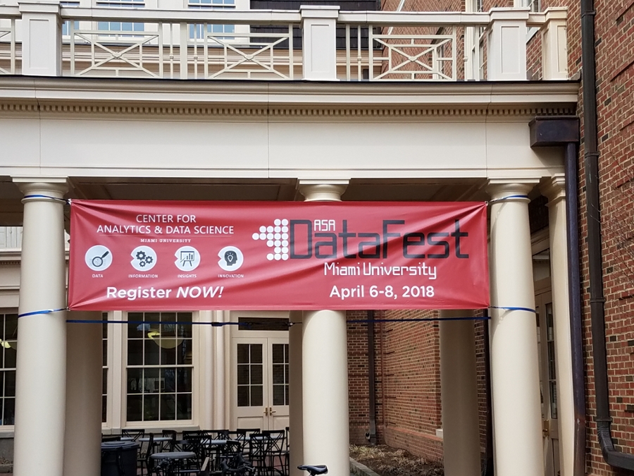 Photo of a 'DataFest' banner held by two pillars of a Building