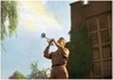 Man blowing a trumpet in front of a building