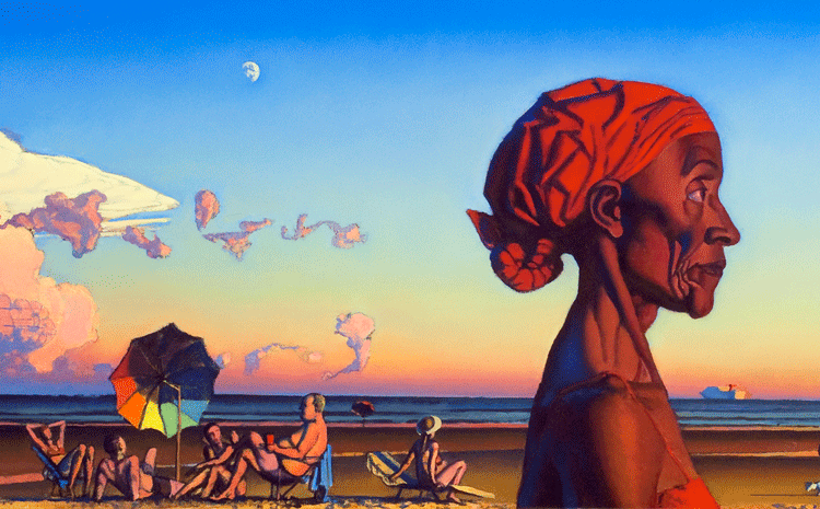 Artwork of visitors relaxing at the beach with a closeup shot of a Woman