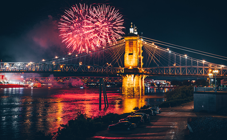 Fireworks being shot over by the Covington Bridge