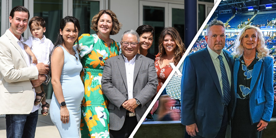 A collage of two photos. One photo shows a family smiling during together in front of Cintas Center. The other shows a couple smiling together inside the basketball arena.