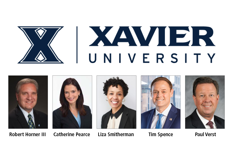 Professional portraits are displayed of Xavier University's five newest Board of Trustees members: From left, Robert Horner III, Catherine Pearce, Liza Smitherman, Tim Spence and Paul Verst