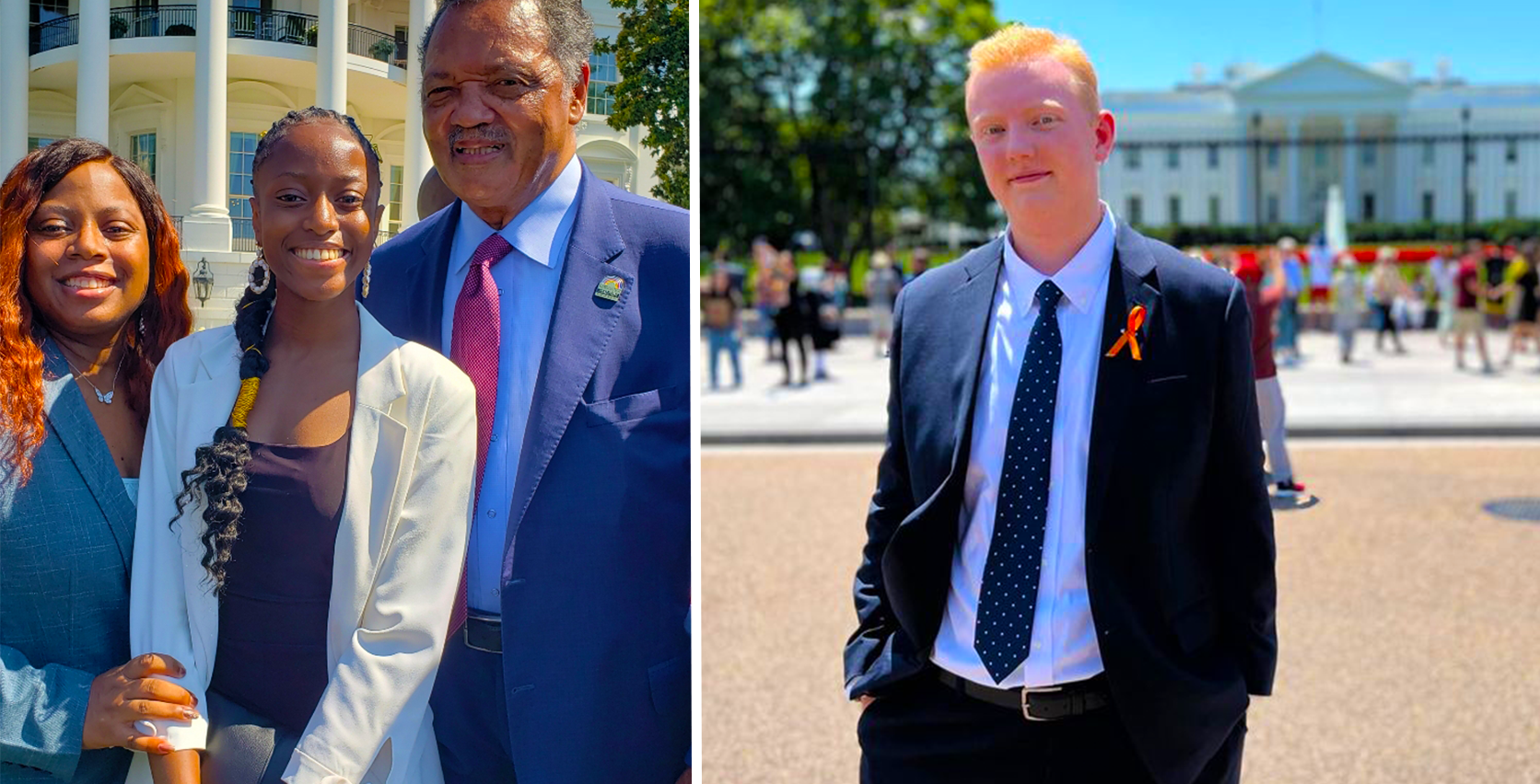 Xavier sophomores Ethan Nichols and Shontelle Johnson stand in front of the White House in Washington, D.C., on July 11, 2022.