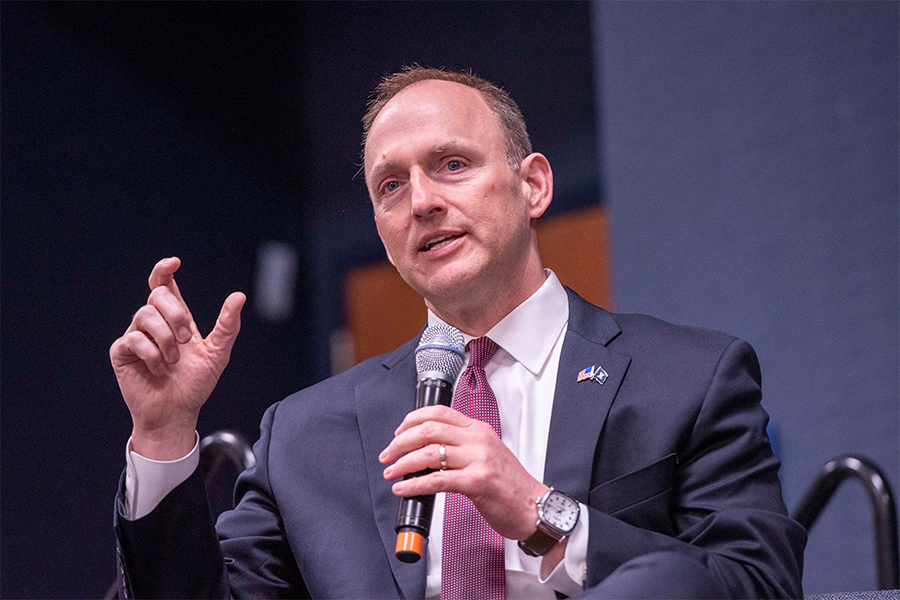 Xavier Vice President Greg Christopher speaks to Xavier fans at an event last fall