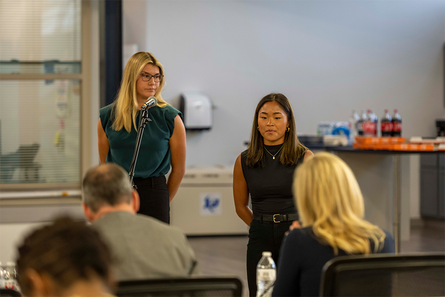 Two students pitch their idea to TriHealth judges