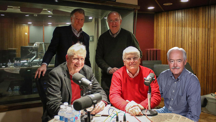 WVXU alumni Jay Adrick (’69), Larry Holt (’73), Russ Read (’75), Tom Stevens ('74) and Mike Cutler (’75)